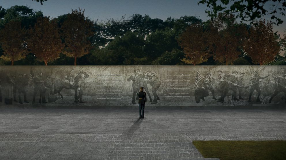 PHOTO: A soldier salutes a panel depicting battle scenes from World War I in this architectural rendering of the winning design, "The Weight of Sacrifice." 