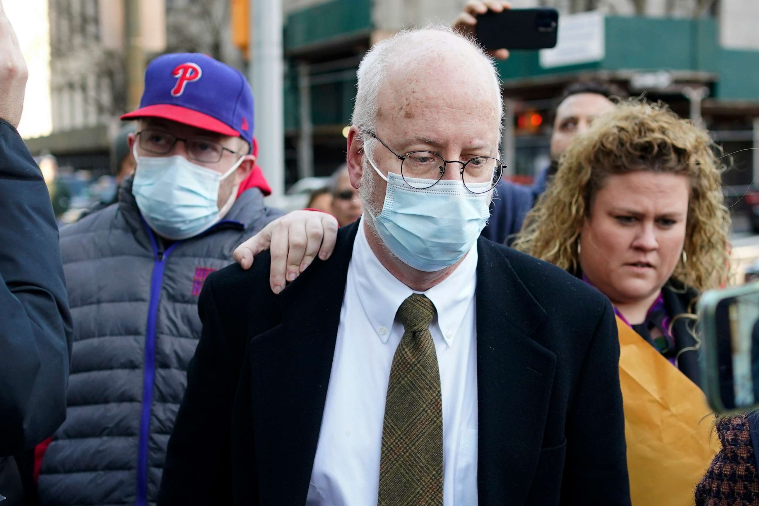 PHOTO: PHOTO :In this Jan 24, 2023 file photo Robert Hadden, center, leaves the federal courthouse in New York.