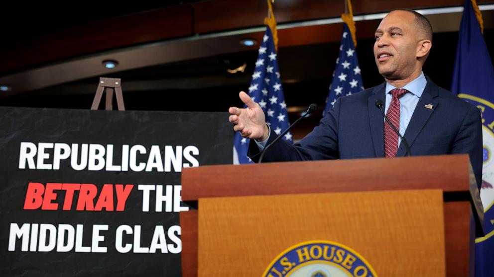 PHOTO: House Minority Leader Hakeem Jeffries speaks at a press conference at the U.S. Capitol, Feb. 13, 2025 in Washington.
