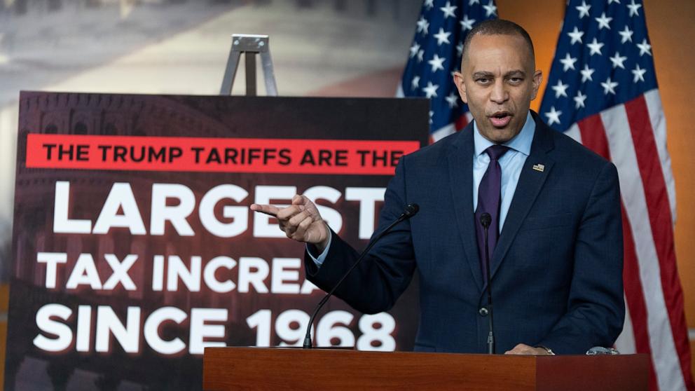 PHOTO: House Minority Leader Hakeem Jeffries speaks during a news conference at the Capitol, April 7, 2025, in Washington.