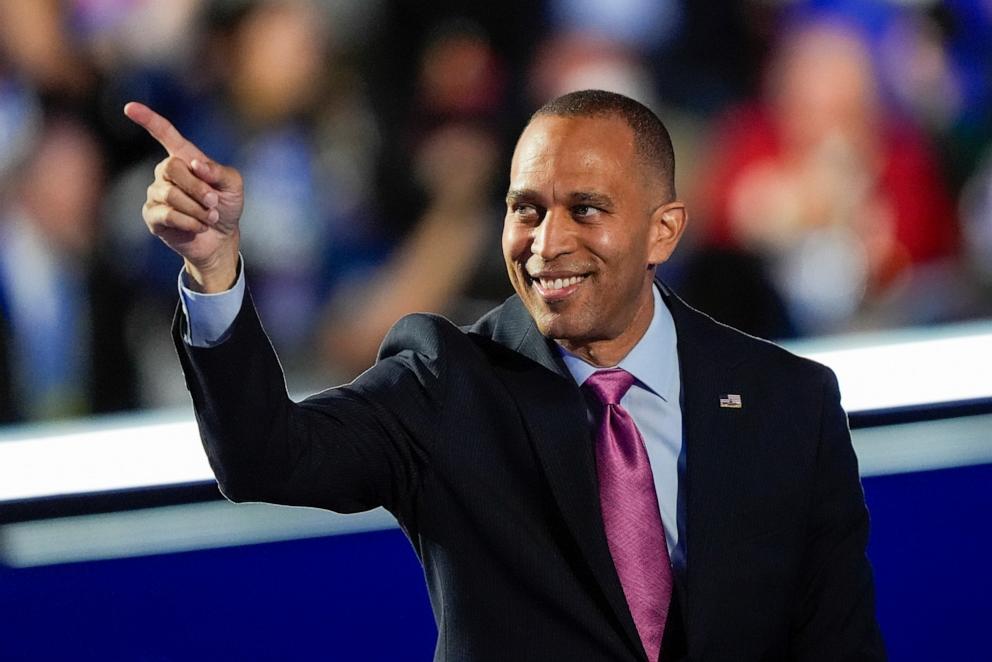 PHOTO: House Minority Leader Hakeem Jeffries is pictured during the Democratic National Convention on Aug. 21, 2024, in Chicago.