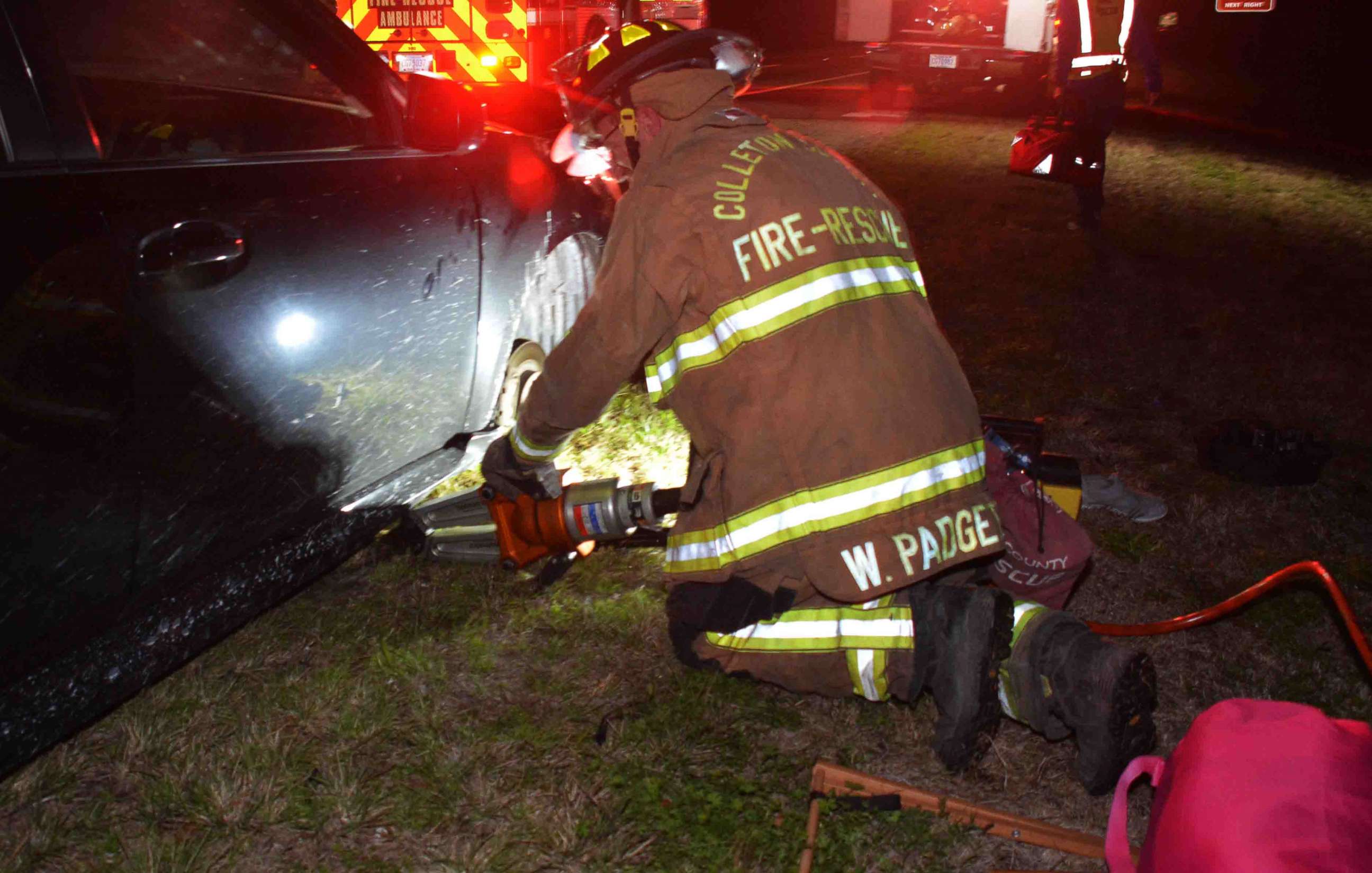 PHOTO: This image was released by Colleton County Fire-Rescue in South Carolina shows the aftermath of an accident where a woman's hands became trapped between the car tire and fender on Sunday, Feb. 2, 2020.