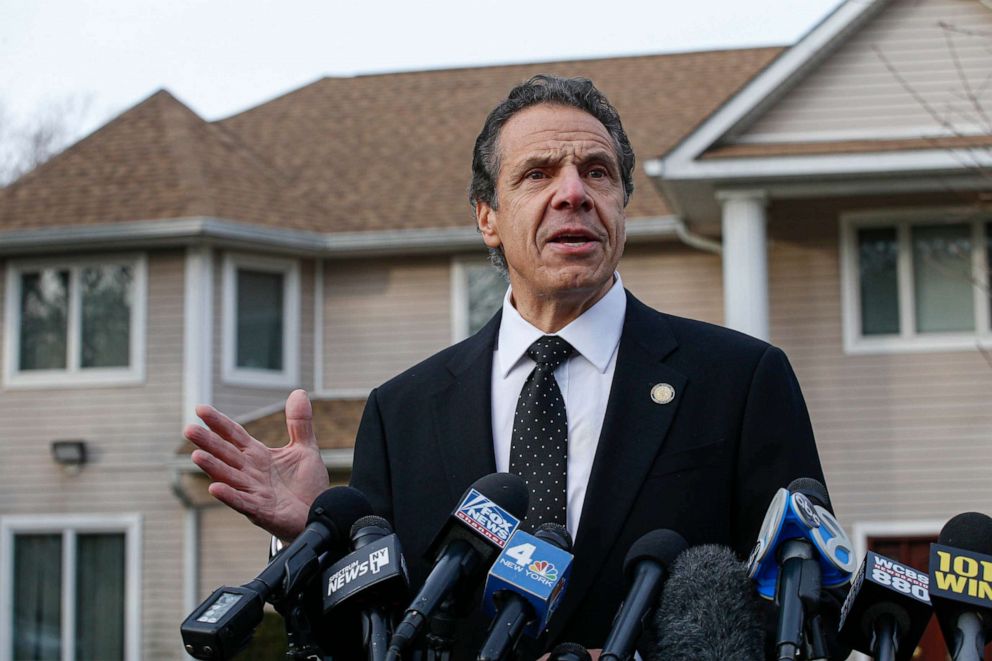PHOTO: New York Governor Andrew Cuomo speaks to the media outside the home of rabbi Chaim Rottenbergin in Monsey, N.Y., Dec. 29, 2019.