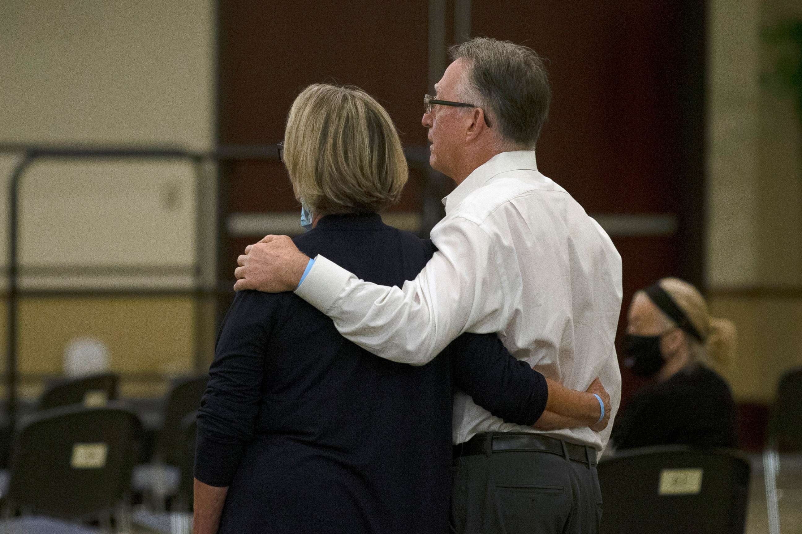 PHOTO: Gay and Bob Hardwick who were attacked in their Stockton home in 1978 by Golden State Killer, Joseph James DeAngelo, stand as the charges are read against DeAngelo during a hearing in Sacramento Superior Court in Sacramento, Calif.