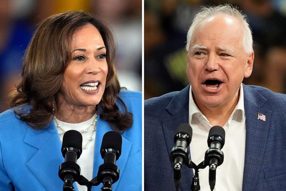 PHOTO: This combination of file photos shows Democratic presidential nominee Vice President Kamala Harris speaking at a rally on Aug. 16, 2024, and Minnesota Gov. Tim Walz speaking at an event on Oct. 22, 2024.