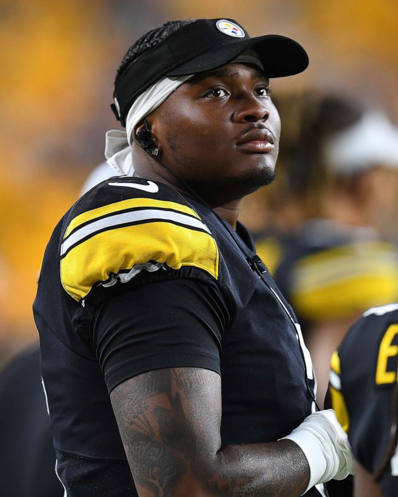 PHOTO: Dwayne Haskins of the Pittsburgh Steelers looks on during the game against the Detroit Lions at Heinz Field, Aug. 21, 2021, in Pittsburgh.