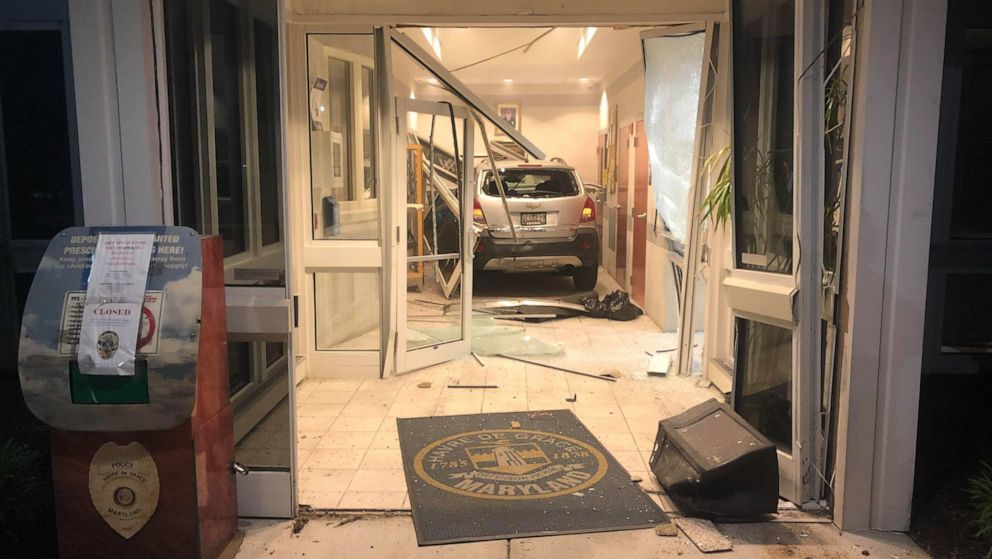 PHOTO: A man has been arrested after threatening to kill a police officer before attempting to run over several cops and driving his car through the station’s lobby at approximately 9:34 p.m. on Sunday, May 23, 2021, in Havre de Grace, Maryland. 