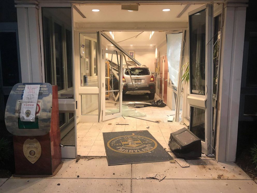 PHOTO: A man has been arrested after threatening to kill a police officer before attempting to run over several cops and driving his car through the station’s lobby at approximately 9:34 p.m. on Sunday, May 23, 2021, in Havre de Grace, Maryland. 