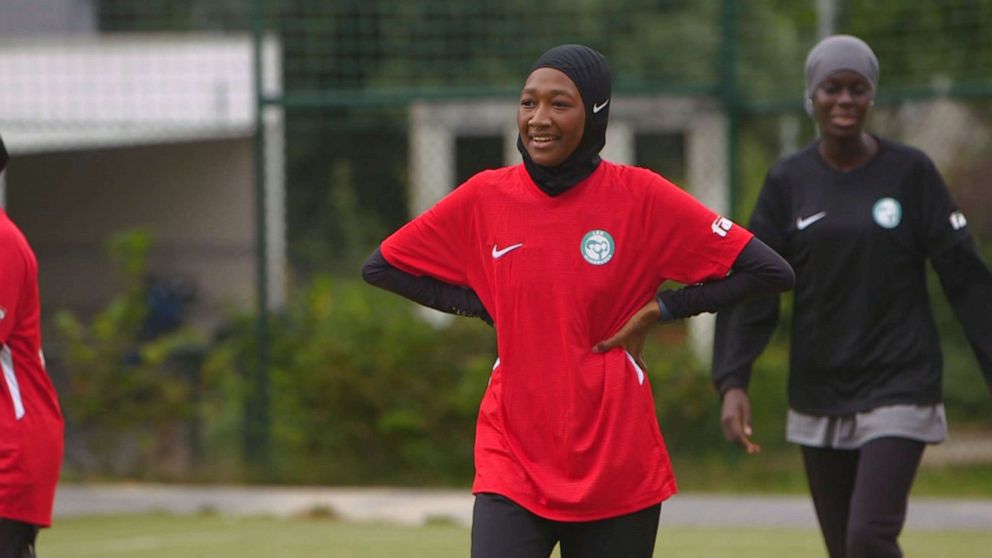 PHOTO: Hawa Doucouré, 19, is a member of Les Hijabeuses, a group of female soccer players who are advocating for inclusivity in competitions while still being allowed to wear the Muslim hijab. 