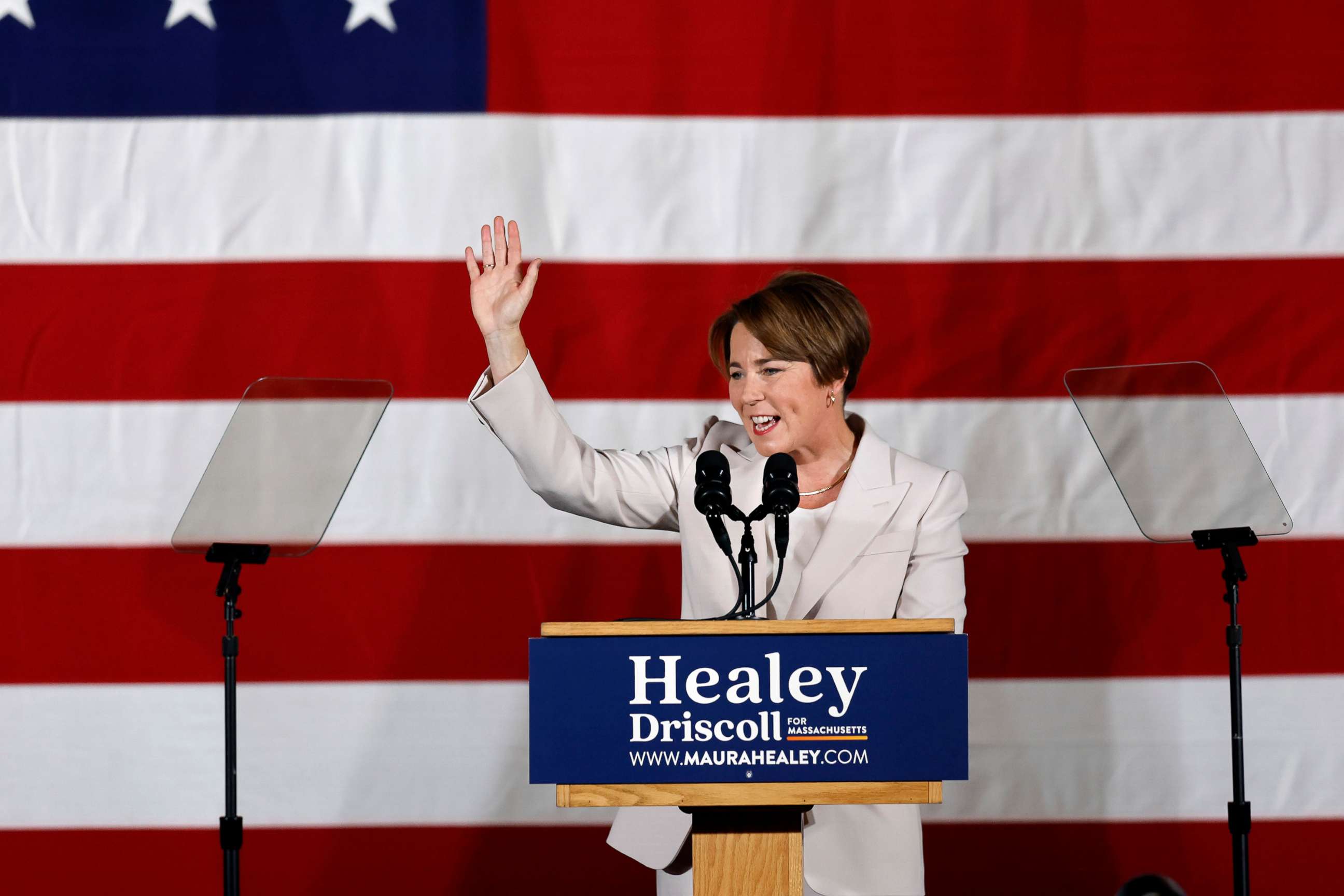PHOTO: Democratic Attorney General Maura Healey, candidate for Massachusetts governor, speaks during a Democratic election night party, Nov. 8, 2022, in Boston. 