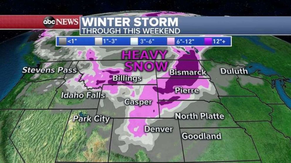 PHOTO: Snow accumulations could be more than a foot from the Rockies all the way to the Dakotas through this weekend. 