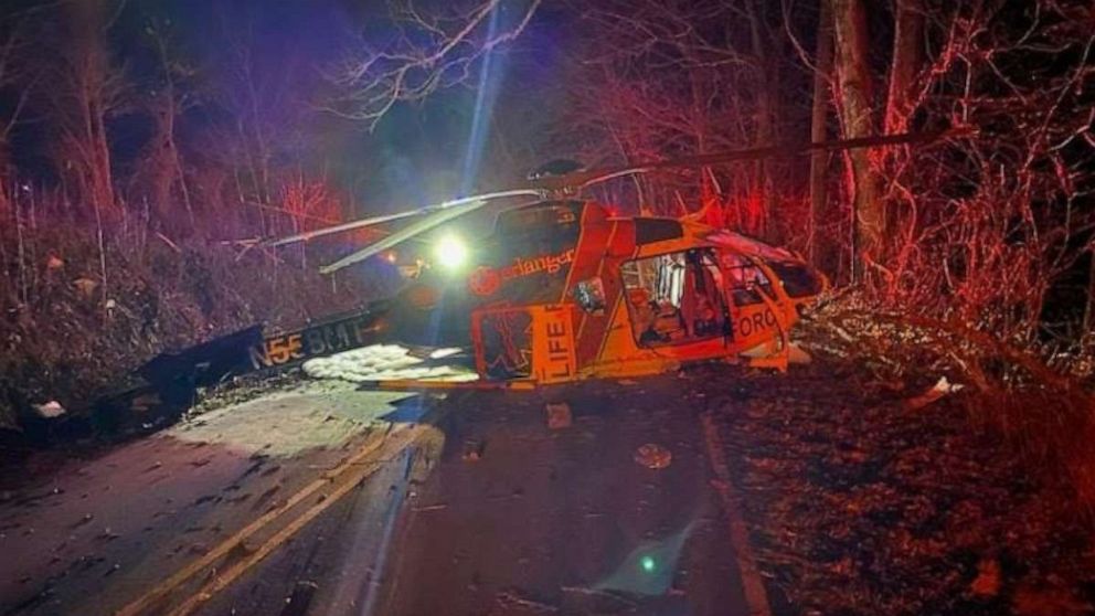 PHOTO: Four people are alive after a medical helicopter that was transporting a patient crashed in Macon County, North Carolina, on Thursday, March 9, 2023.