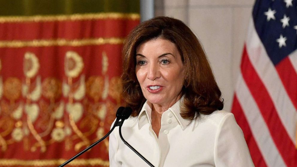 PHOTO: New York Governor Kathy Hochul speaks to the media during her swearing in ceremony at the New York State Capitol in Albany, N.Y., Aug. 24, 2021.