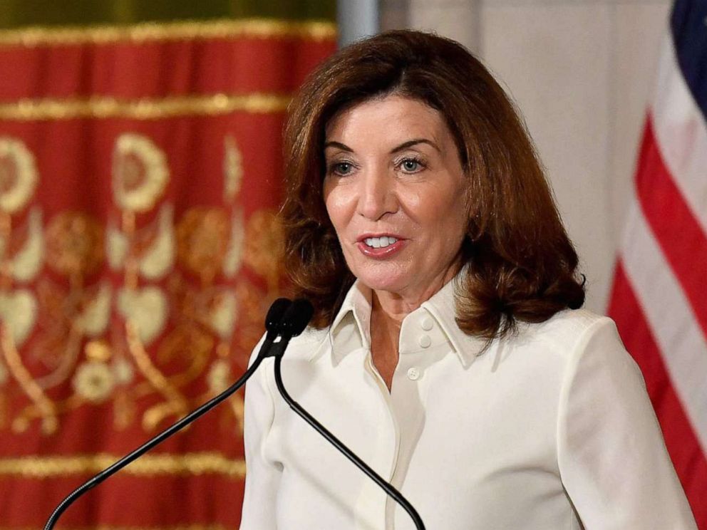 PHOTO: New York Governor Kathy Hochul speaks to the media during her swearing in ceremony at the New York State Capitol in Albany, N.Y., Aug. 24, 2021.