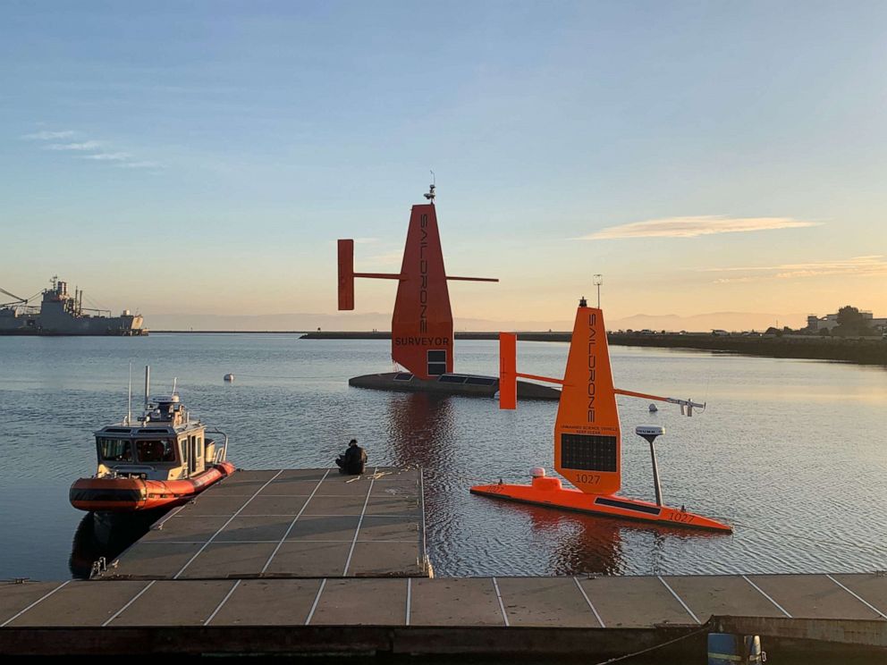 PHOTO: The Saildrone Surveyor sits side by side with the Saildrone Explorer in Seaplane Lagoon and the Saildrone Support boat sits at the dock in Alameda, Calif., in an undated handout photo.