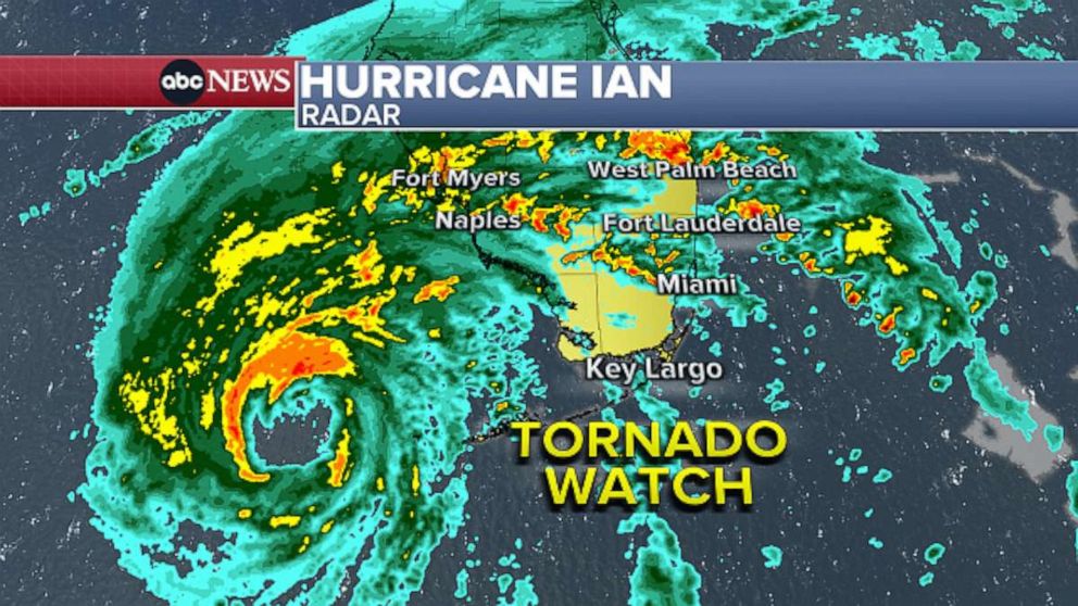 PHOTO: The areas under Tornado Watch for Hurricane Ian as it travels into Florida is shown in a radar image graphic as of the late evening of Sept. 27, 2022.