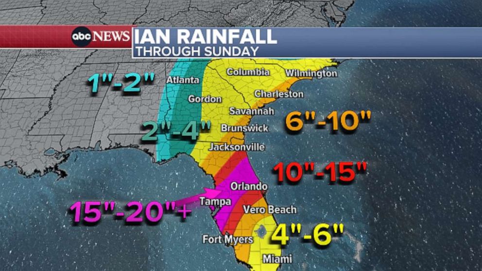 PHOTO: The projected rainfall estimates through Sunday for Hurricane Ian as it travels into Florida are shown in a radar image graphic as of the late evening of Sept. 27, 2022.