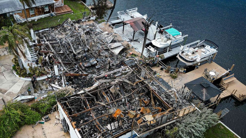 PHOTO: Aerial view of burned rubbles are seen where a house stood after a power transformer explosion in the community of Signal Cove in Hudson, Fla., on Aug. 30, 2023, after Hurricane Idalia made landfall.