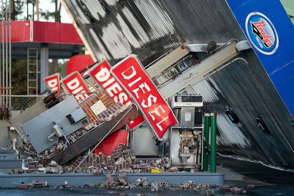 PHOTO: A storm-damaged gas station is seen after Hurricane Idalia crossed the state on Aug. 30, 2023 in Perry, Fla.