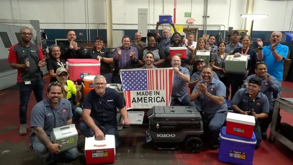 PHOTO: Some crew members from Igloo Coolers' factory in Katy, Texas stand together for Made in America Christmas on "World News Tonight with David Muir."