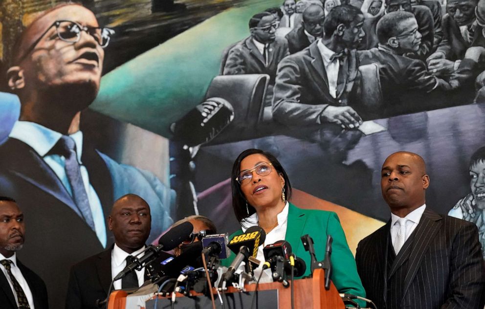 PHOTO: Ilyasah Shabazz, daughter of African-American activist Malcolm X, speaks alongside civil rights attorney Ben Crump and co-counsel Ray Hamlin during a press conference in New York, February 21, 2023.