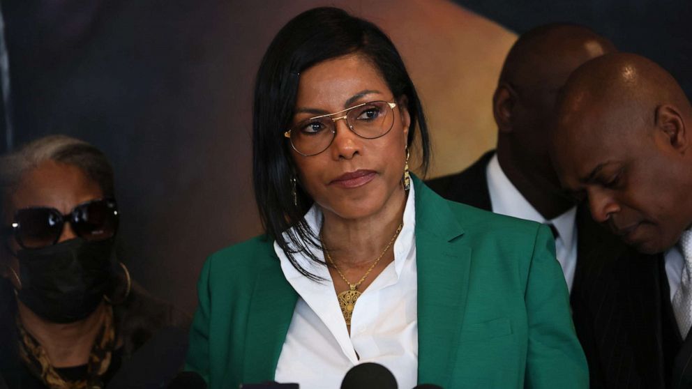 PHOTO: Ilyasah Shabazz, the daughter of civil rights leader Malcolm X, speaks at a press conference at The Malcolm X & Dr. Betty Shabazz Memorial and Educational Center in New York City on Feb. 21, 2023.