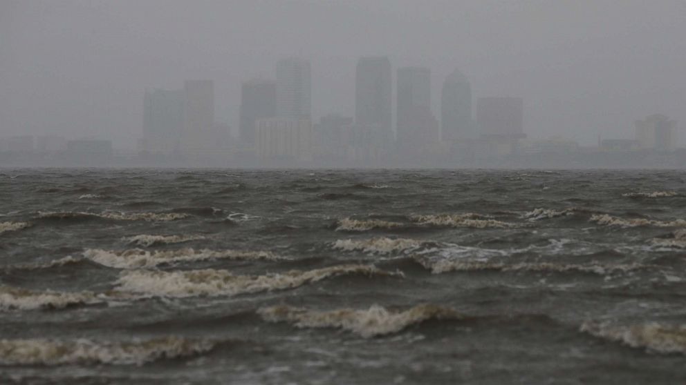 PHOTO: The Tampa skyline is pictured across Hillsborough Bay ahead of the arrival of Hurricane Irma in Tampa, Fla., Sept. 10, 2017. 