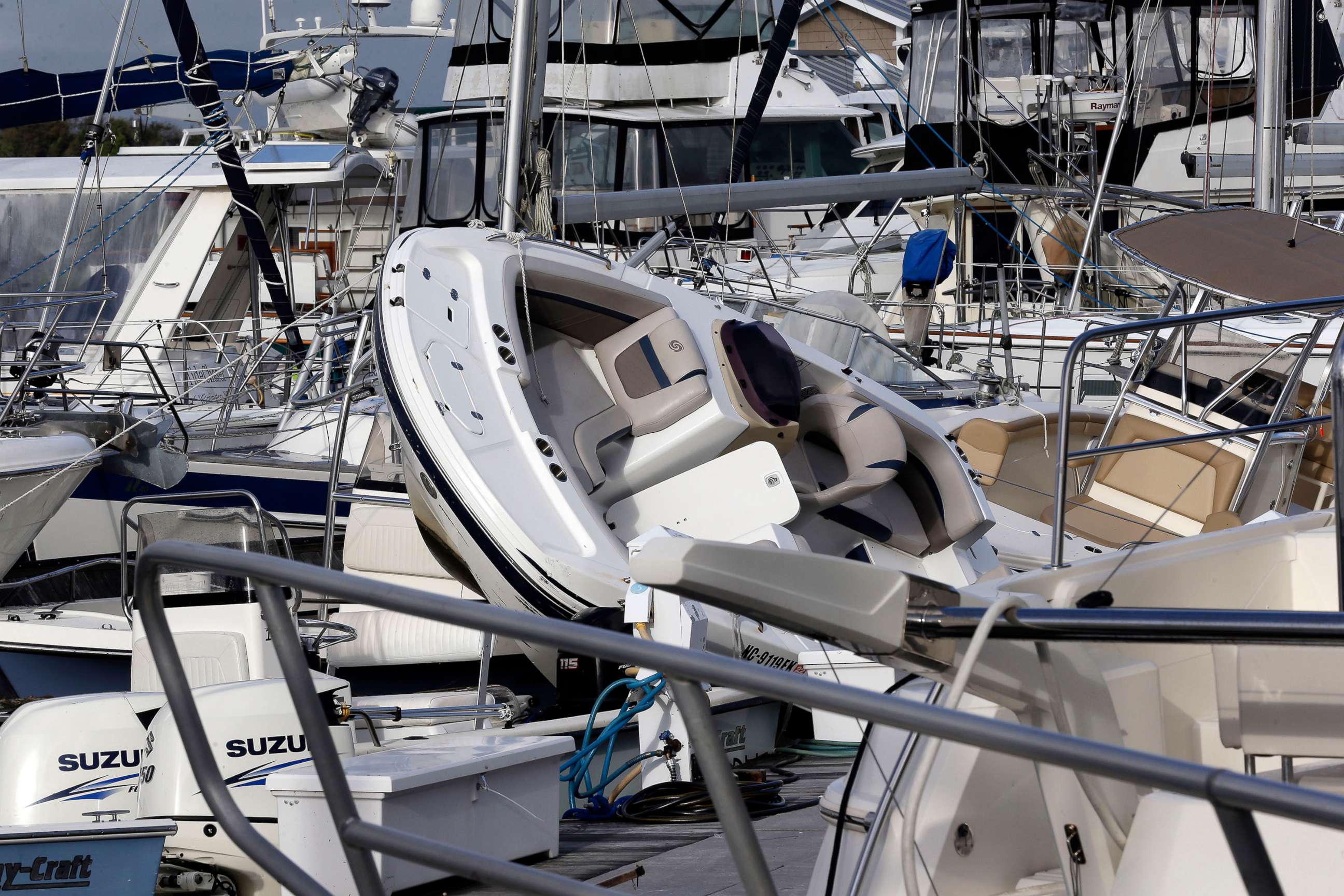 PHOTO: Boats are piled on each other at the Southport Marina following the effects of Hurricane Isaias in Southport, N.C., Aug. 4, 2020.