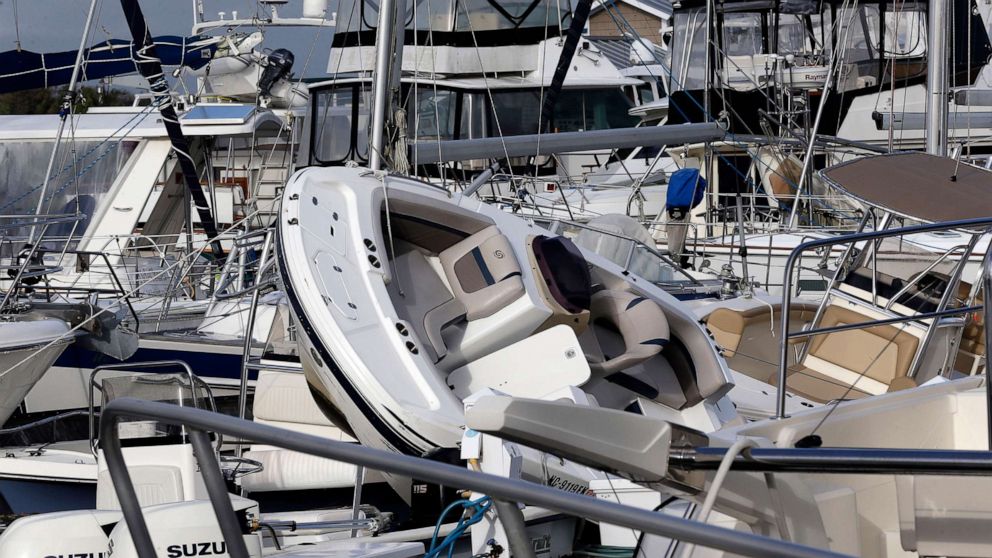 PHOTO: Boats are piled on each other at the Southport Marina following the effects of Hurricane Isaias in Southport, N.C., Aug. 4, 2020.