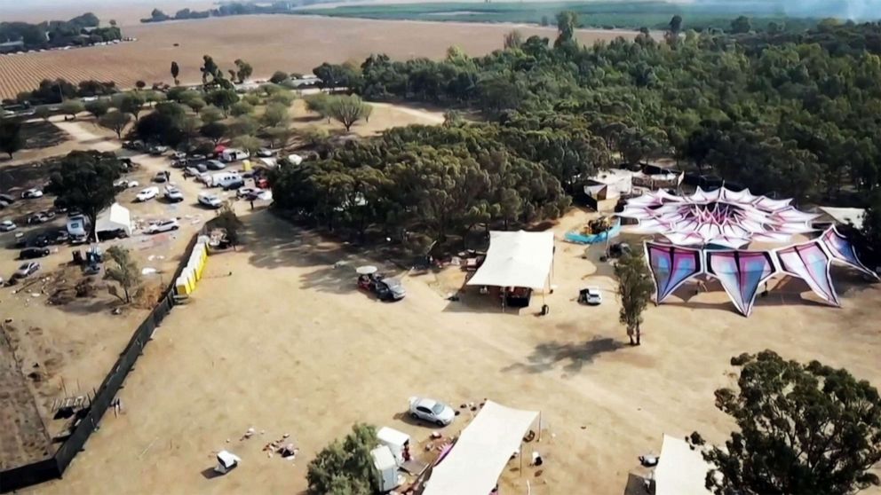 PHOTO: A grab taken from a UGC video posted on the Telegram channel "South First Responders", Oct. 9, 2023, shows the aftermath of an attack on the Supernova music Festival by Palestinian militants, near Kibbutz Reim in