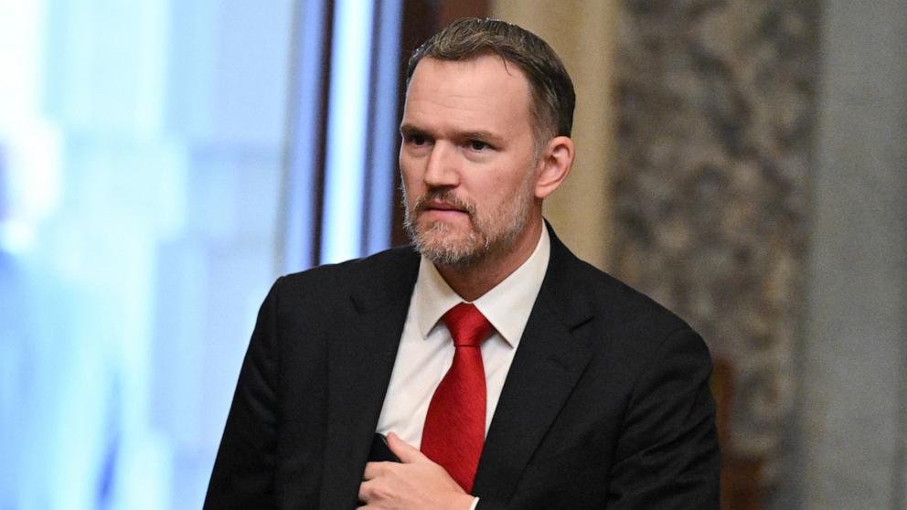 PHOTO: U.S. Trade Representative Jamieson Greer arrives at the US Capitol on his way to a closed-door policy luncheon with Senate Republicans in Washington, April 29, 2025. 