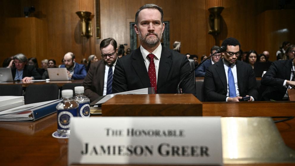 PHOTO: U.S. Trade Representative Jamieson Greer takes his seat upon arrival at the start of a Senate Finance Committee hearing on President Donald Trump's 2025 trade policies, on Capitol Hill in Washington, April 8, 2025.