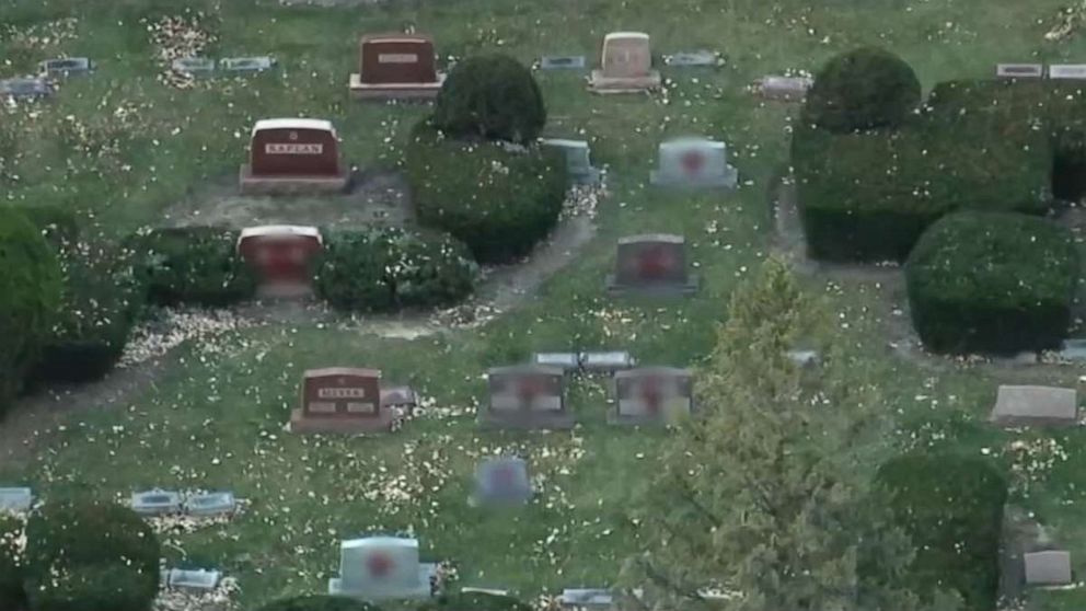 PHOTO: A Jewish cemetery has been defaced after dozens of headstones were found spray painted with swastikas and graffiti in bright red paint in Waukegan, Illinois on Monday, Nov. 14, 2022.