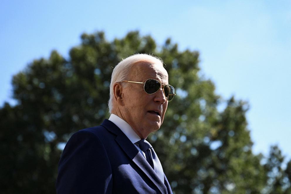 PHOTO: President Joe Biden speaks to the press before departing for South Bend, Indiana, from the South Lawn of the White House in Washington, D.C., on Oct. 5, 2024.