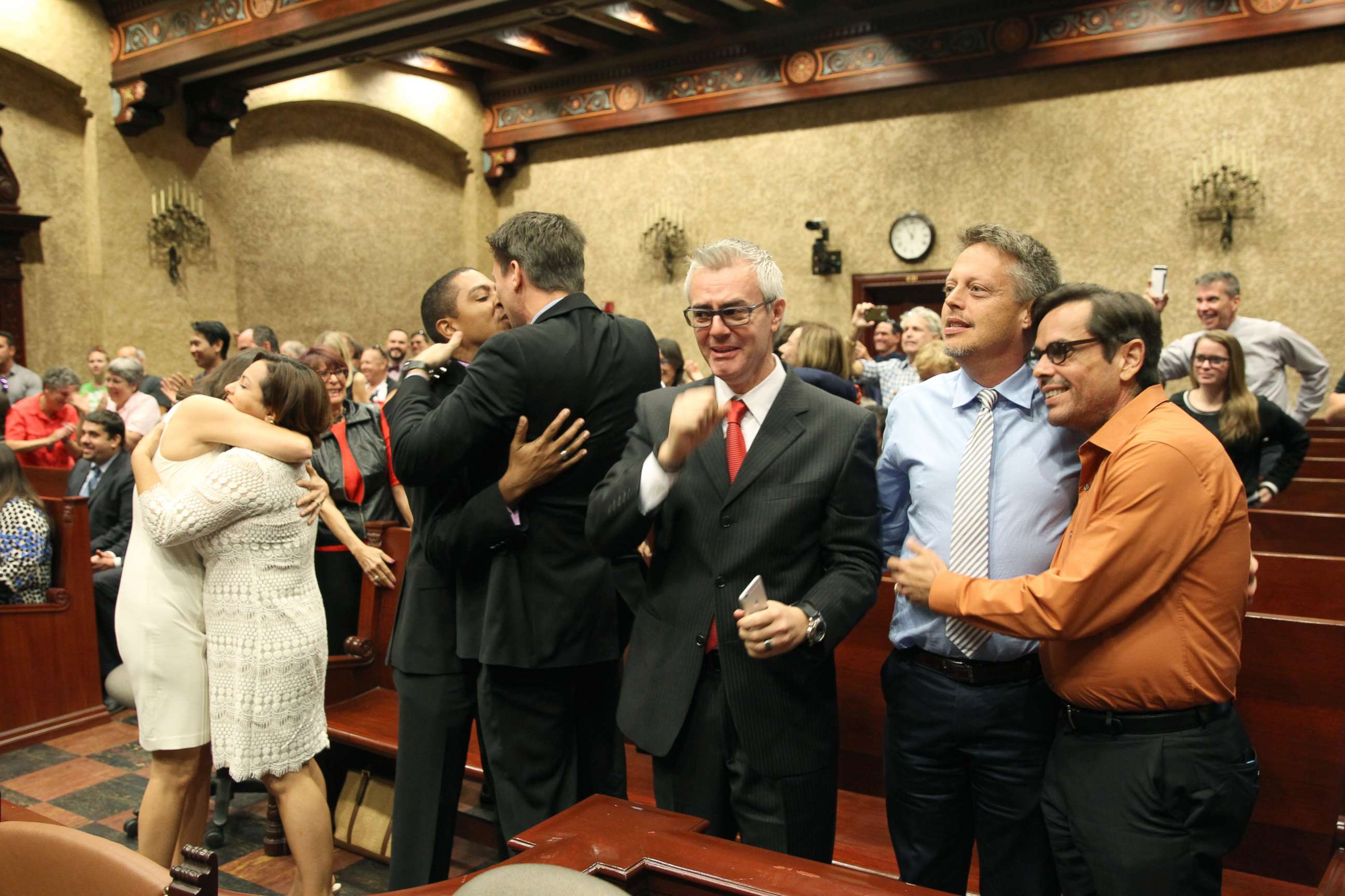 PHOTO: Same-sex couples who had previously challenged the wedding ban Don Johnston and Jorge Diaz react in court, after Circuit Court Judge Sarah Zabel lifted the stay, allowing same-sex couples to marry, Jan. 5, 2015, in Miami.  