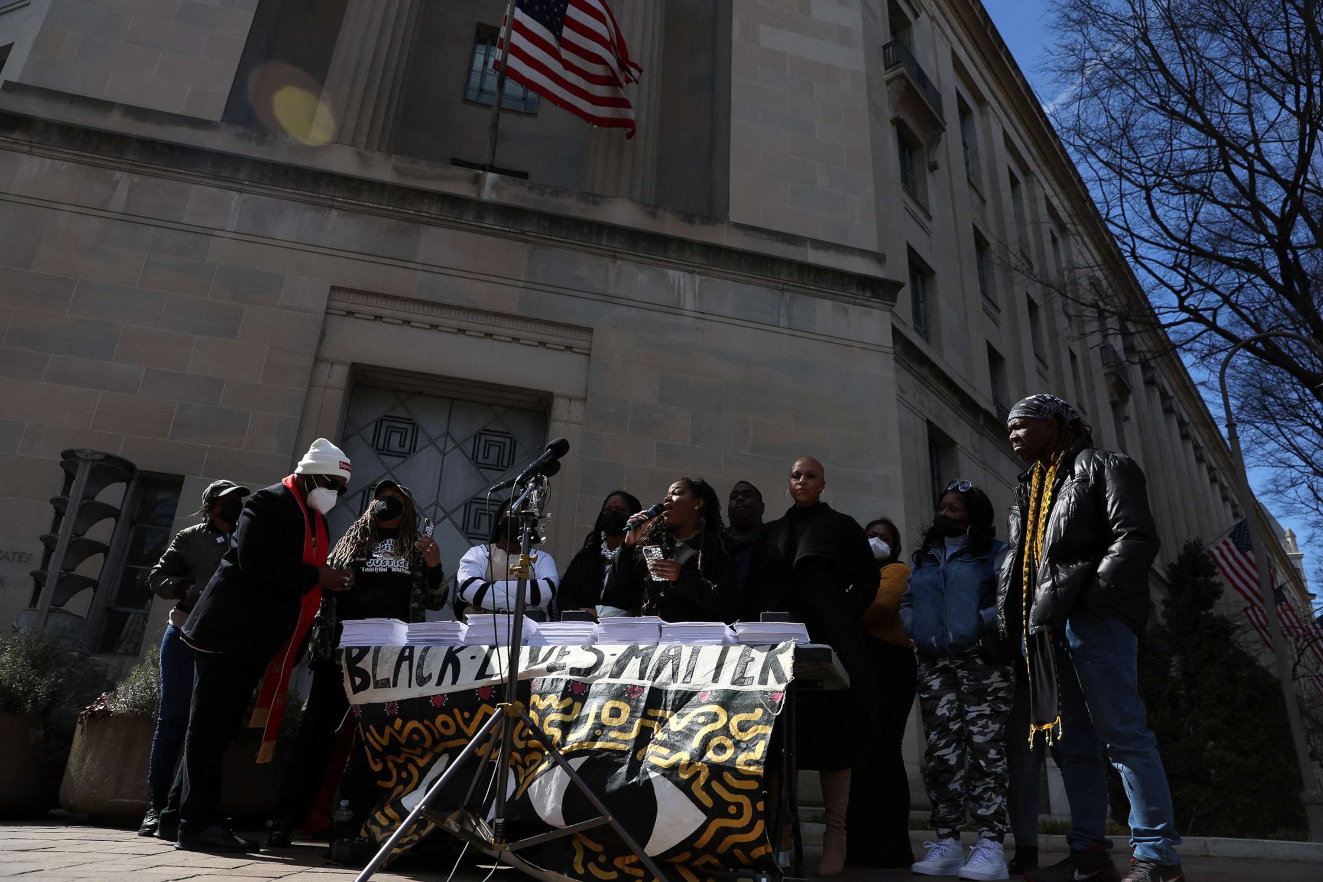 PHOTO: Sen. Cori Bush rallies with family members of Andrew Joseph III, Eva Marcille, and Black Lives Matter outside of the Department of Justice to call for an end to qualified immunity in Washington, March 3, 2022. 
