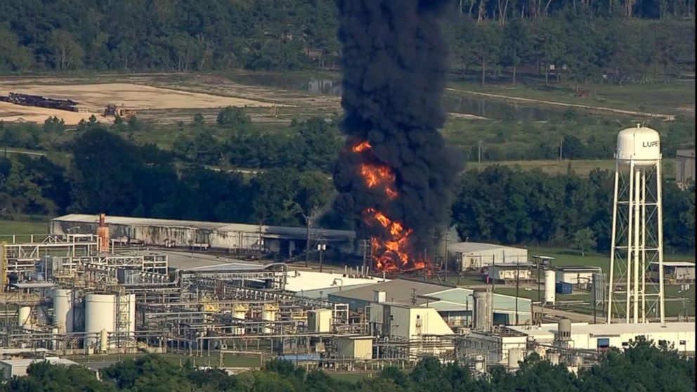 PHOTO: A fire burns at the Arkema chemical plant in Crosby, Texas, Sept. 1, 2017.