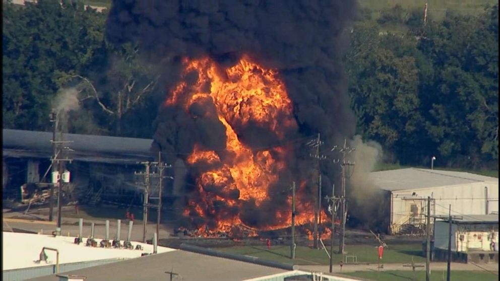 A fire burns at the Arkema chemical plant in Crosby, Texas, Sept. 1, 2017.