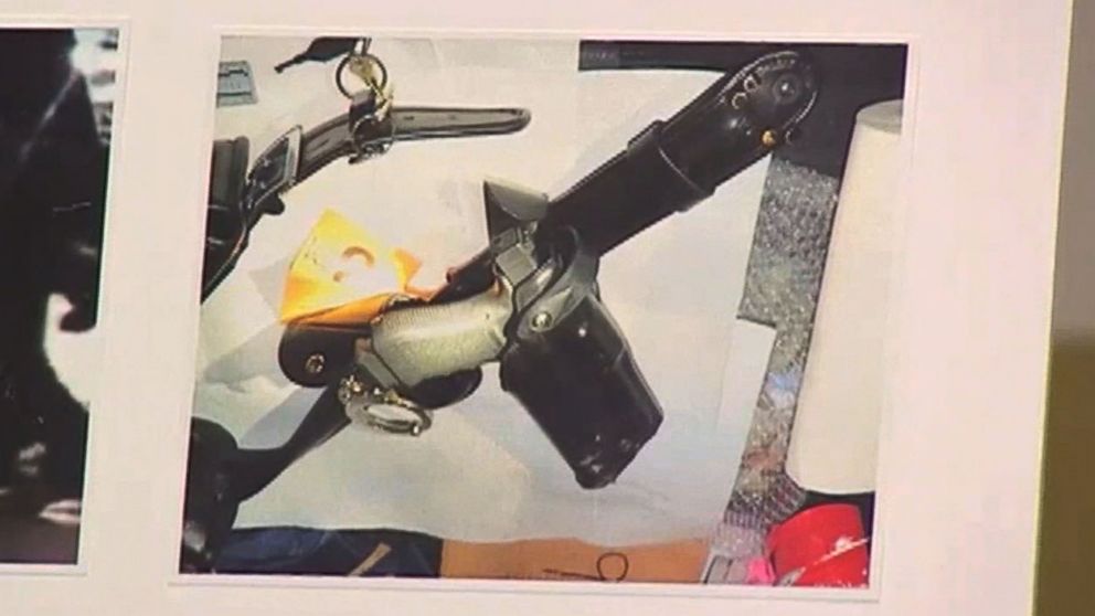 PHOTO: LAPD chief Charlie Beck showed pictures of the officer's weapon which he says shows that force was used on the weapon during the alleged fight between the officer and the man.