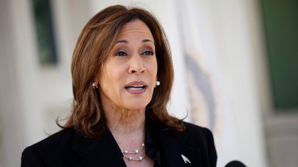 PHOTO: Democratic presidential nominee, Vice President Kamala Harris delivers remarks before departing the vice president's residence in Washington, DC, Oct. 23, 2024.