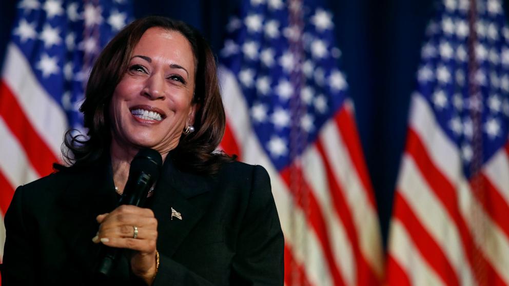 PHOTO: Vice President Kamala Harris speaks at a moderated conversation with former Trump administration national security official Olivia Troye and former Republican voter Amanda Stratton in Kalamazoo, MI, July 17, 2024.