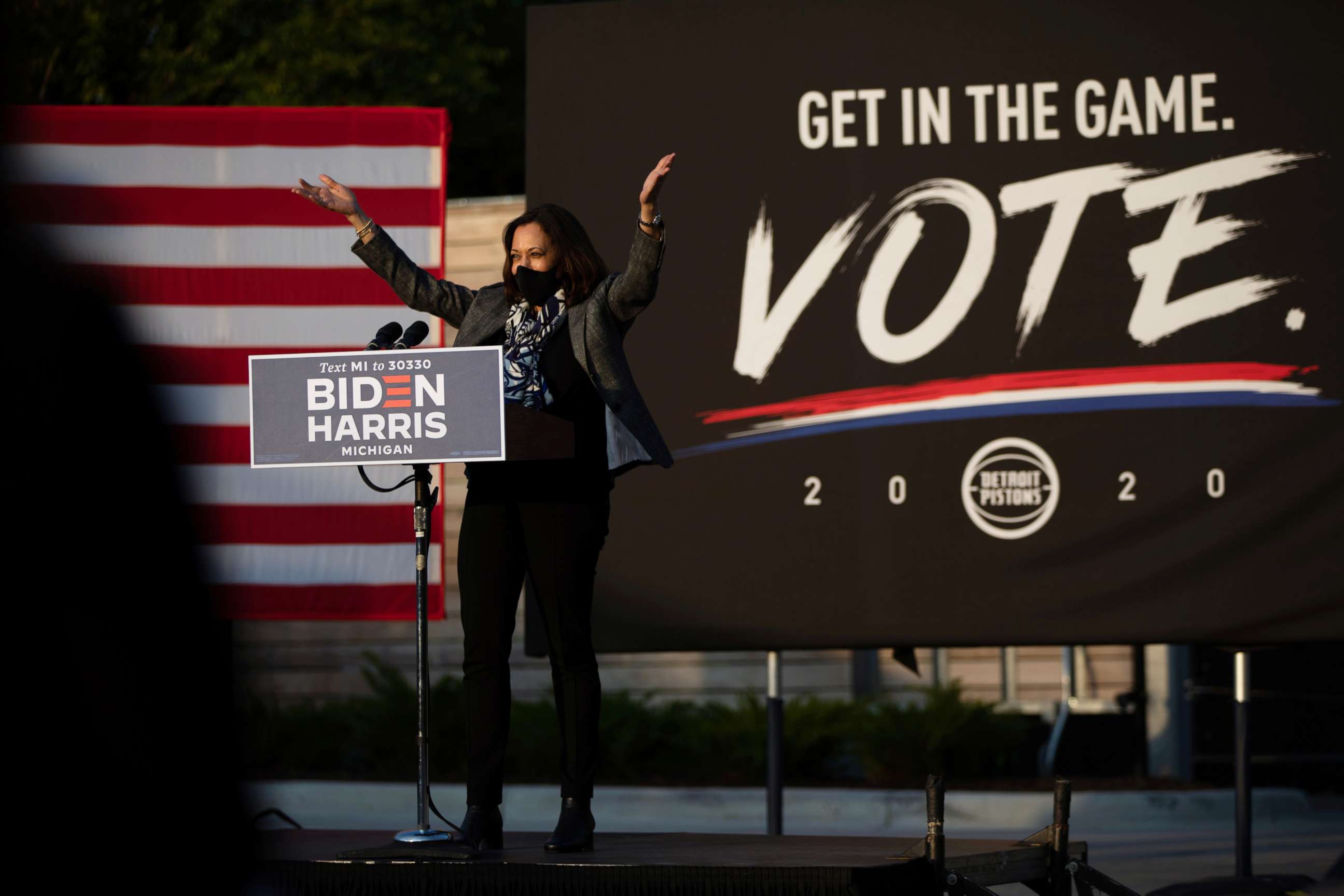 PHOTO: Democratic U.S. vice presidential nominee Senator Kamala Harris speaks at a campaign event in Detroit, Michigan, U.S., September 22, 2020.  