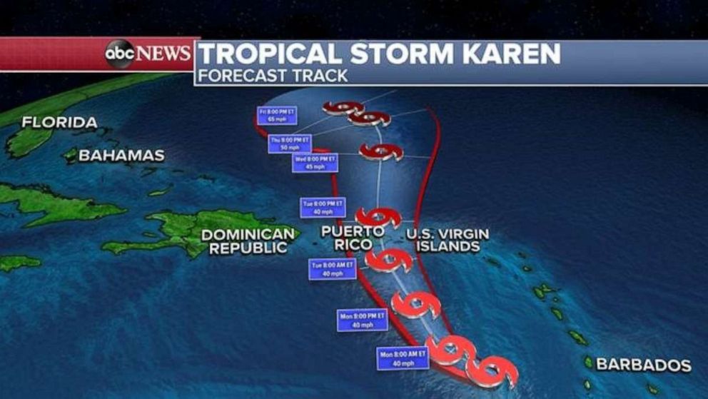 PHOTO: Tropical Storm Karen is now a minimal Tropical Storm with winds gusting at only 40 mph.