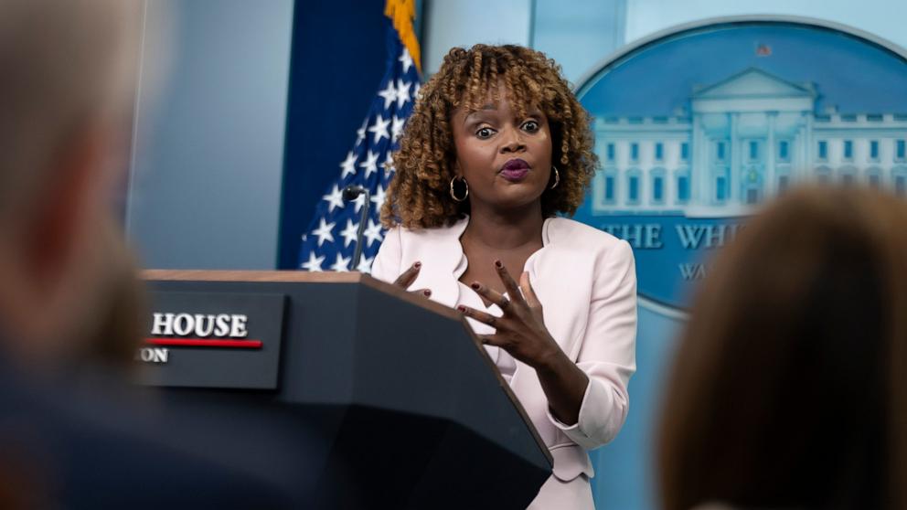 PHOTO: White House press secretary Karine Jean-Pierre speaks during the daily briefing at the White House in Washington, Dec. 20, 2024.