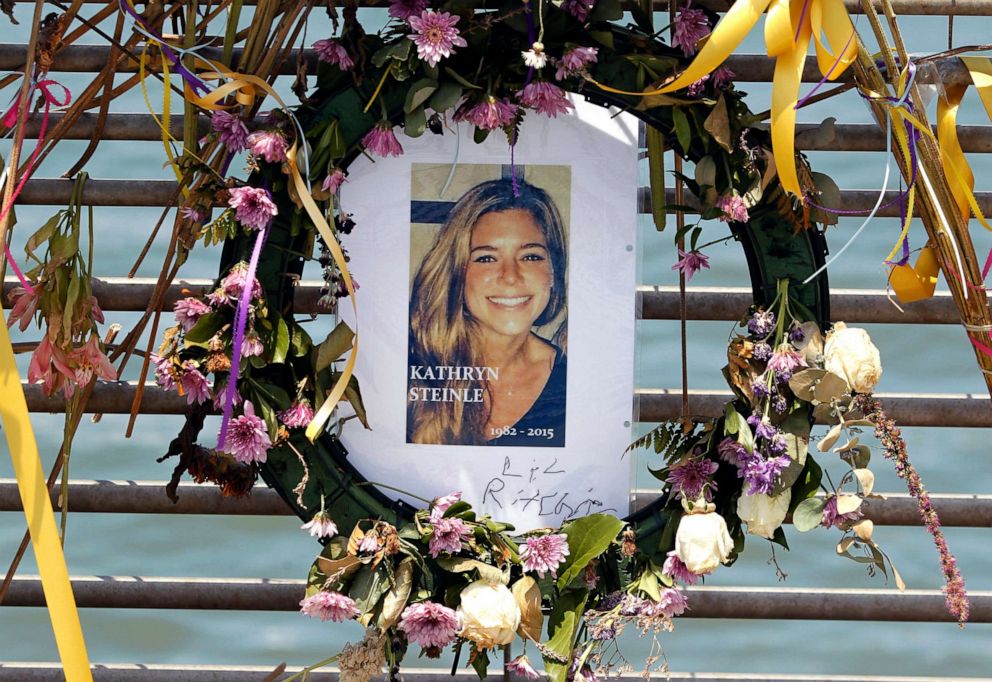 PHOTO: Flowers and a portrait of Kate Steinle are displayed at a memorial site on Pier 14 on July 17, 2015, in San Francisco, Calif.