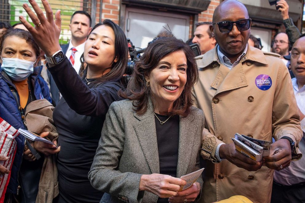 PHOTO: On election morning Gov. Kathy Hochul campaigns, Nov. 8, 2022 in the Woodside neighborhood of Queens, New York.
