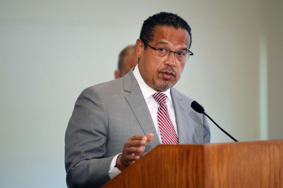 PHOTO: Minnesota Attorney General Keith Ellison announces charges of aiding and abetting second-degree murder and aiding and abetting second-degree manslaughter had been filed against former Minneapolis officers on June 3, 2020 in Minneapolis, Minnesota. 