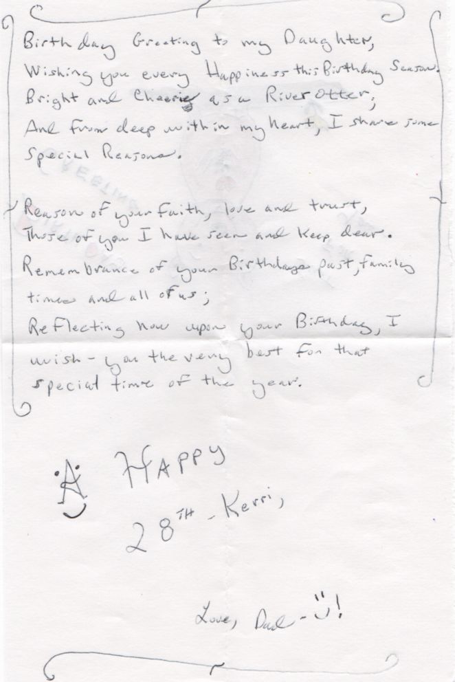 PHOTO: BTK serial killer Dennis Rader wrote to his daughter Kerri Rawson behind bars for her 28th birthday.