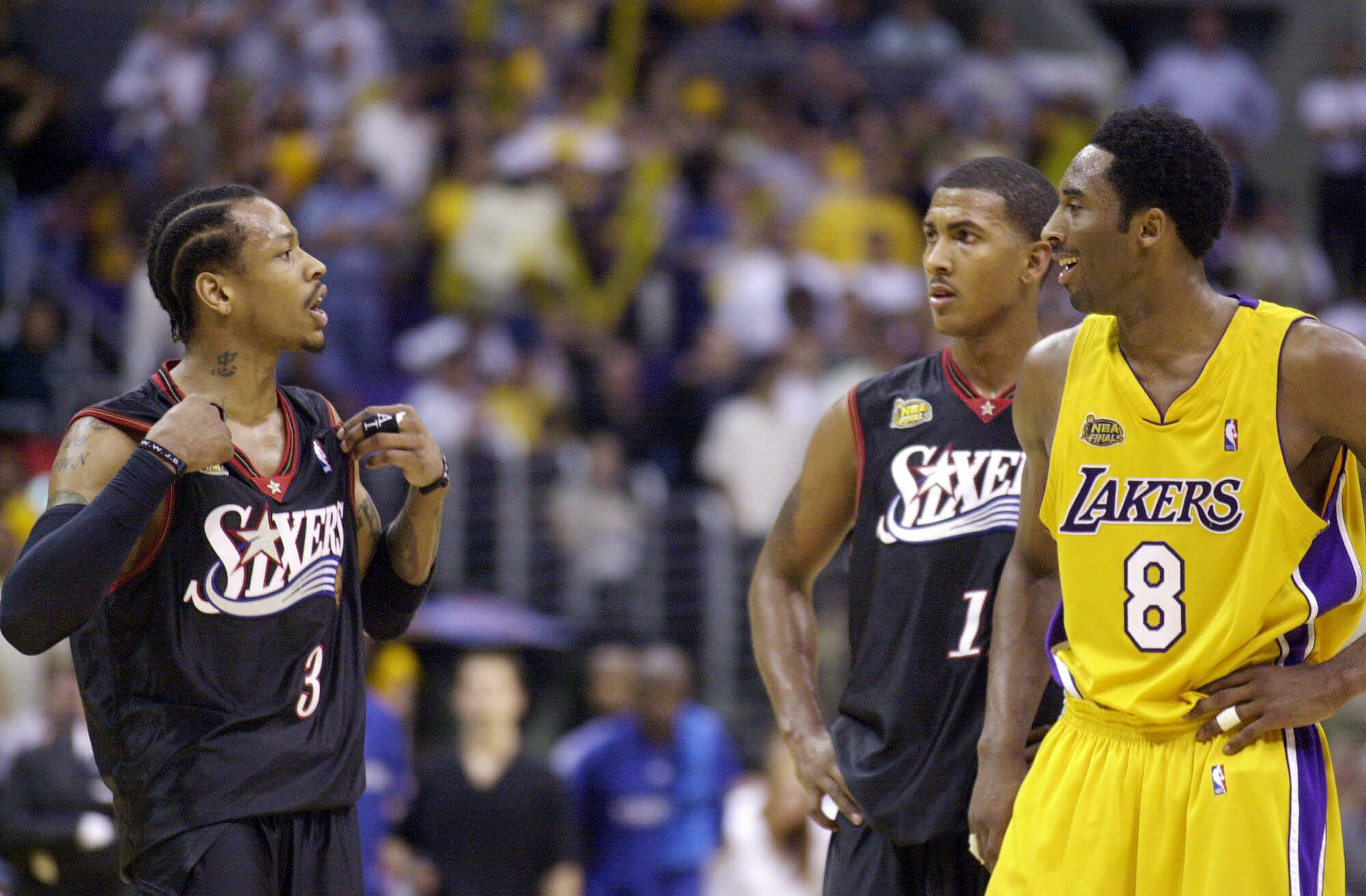 PHOTO: FILE - In this Friday, June 8, 2001, file photo, Philadelphia 76ers' Allen Iverson is seen at the end of Game 2 of the NBA Finals in Los Angeles, California. 