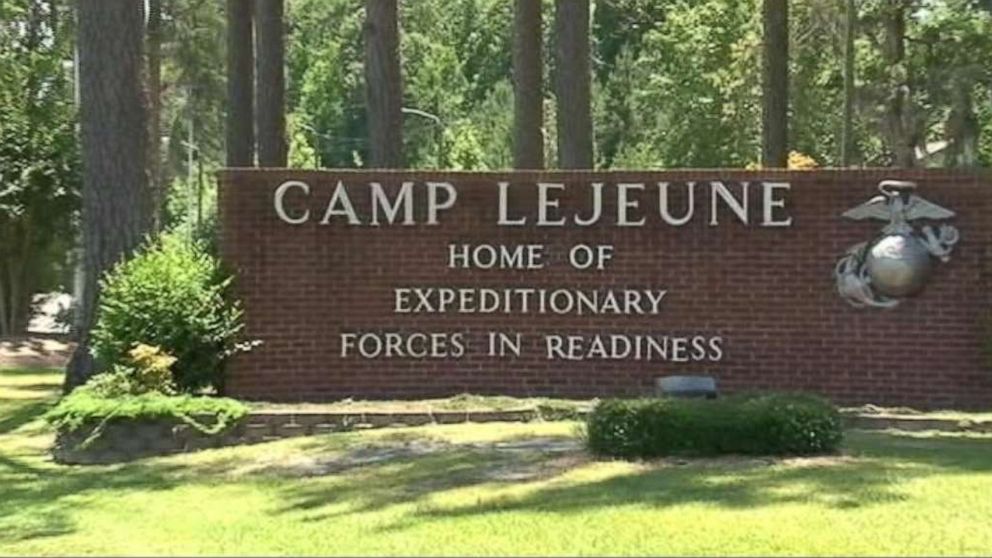 PHOTO: A sign for Camp Lejeune, a military base in North Carolina for U.S. Marines.